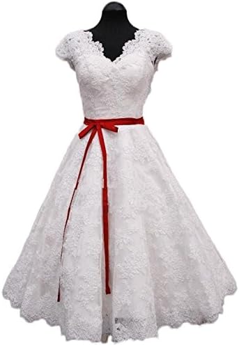 BKSKK Women's Cap Sleeve White and Red Sash Lace Tea Length Bridal Gown (US 14, White)
