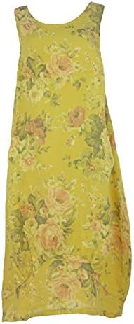 TEXTURE Ladies Womens Italian Lagenlook Floral Print Sleeveless 2 Pocket Linen Tulip Midi Dress One Size