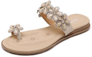 Jazlyn Women's Bohemian Flowers Rhinestones Toe Ring Slide Flat Sandals (US10, Beige Rhinestones Flower)