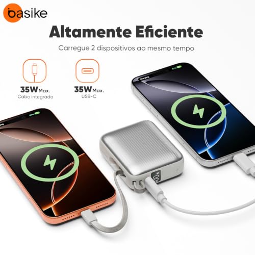 Basike Power Bank 35W, Carregador Portátil 10000mAh, Compacto, 2-Saídas com Cabo Tipo-C Integrado, Bateria Externa de Carregamento Rápido PD/QC para iPhone Séries 17/16/15, Samsung S25/24/23/22(Cinza)
