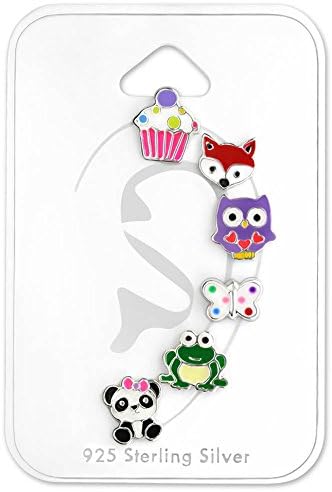 Gift Sets of 3 Pairs or 6 Single Girls Silver Earrings 925 Sterling Silver frog, panda, sheep, owl, butterfly, cake, fox, ballet slipper (6 Single earrings)