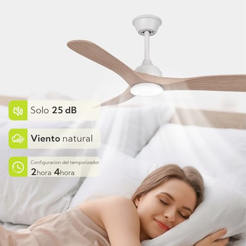 Ceiling Fan with Light and Remote Control 106 cm, Silent DC Motor, 3 Blades Plastic Light Wood Effect, Dimmable LED Ceiling Light, 3 Tones, Modern Low Consumption Fan (Light Wood)