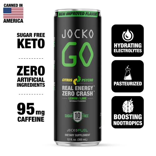 Jocko GO Energy Drink - KETO, Vitamin B12, Vitamin B6, Electrolytes, L Theanine, Magnesium- All Natural Energy Boost, Sugar Free Nootropic Monk Fruit Blend - 12 Pack (Lemon Lime Flavor)