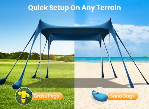 Beach Tent, UPF 50+ Sun Shelter with 8 Sandbags, Sand Shovels, Ground Pegs & Stability Poles – Portable Shade Canopy for Camping, Fishing, Backyard Fun, or Picnics (Navy Blue)