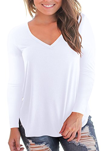 Women's V Neck Long Sleeve Loose Fit T Shirt Soft Tops White M