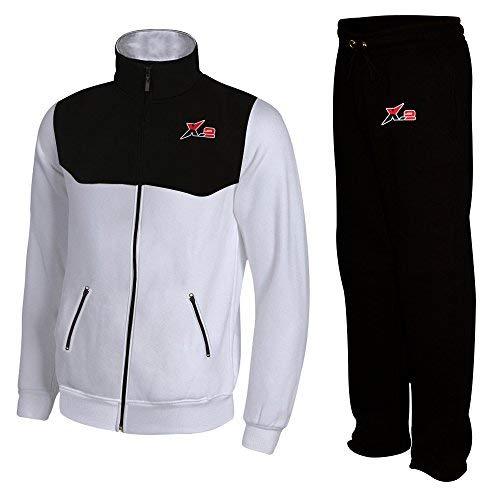 X-2 Mens Athletic Full Zip Fleece Tracksuit Jogging Sweatsuit Activewear (White-Black, X-Large)
