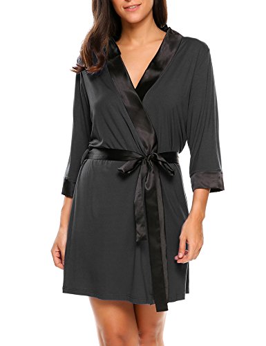 Ekouaer Women s satin Trim Nightwear Gowns Kimono Robe (Black, L)