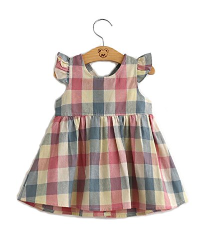 Kebaner Girls Plaid Pink Dress Halter Backless Fly Sleeve Baby Dresses