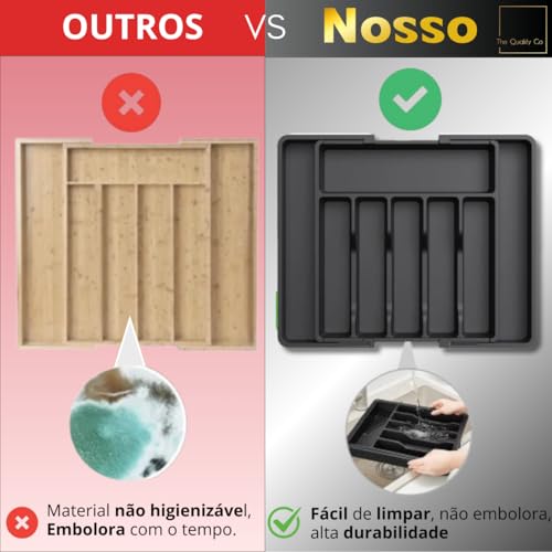 Porta Talheres Organizador Gaveta Ajustável com 8 Divisórias Preto Bandeja Grande Divisor Versátil para Cozinha Ideal Talher Utensílios Facas Suporte Separador Plástico Resistente.
