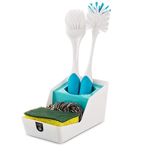 Crippa Sponge Holder for Kitchen Sink | Sink Sponge Holder | Dish Brush Holder | Perfect Kitchen Sink Organizer for Dish Sponge, Scrubber, and Brush | Eco-friendly Plastic - White & Turquoise