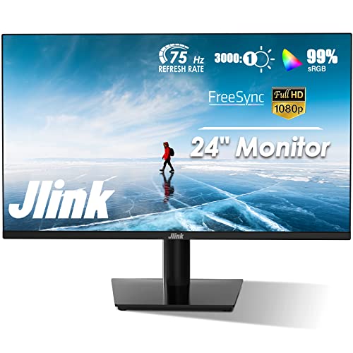 Jlink Computer Monitor, FHD 24 Inch Monitor, 1920x1080P 75Hz 5ms(GTG) 99% sRGB LCD Computer Display with HDMI VGA 3.5mm Audio, HDR Low Blue Light Anti-Glare VA Screen with Freesync, Tilt Adjustable