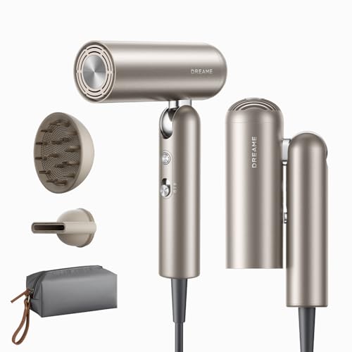 DREAME Pocket Pro Hair Dryer, Dual Voltage Travel Blow Dryer with Diffuser, 1300W Professional HighSpeed Ionic Hair Blower, Fast Drying, Low Noise, Lightweight, No Heat Damage, Global Travel 120V/240V
