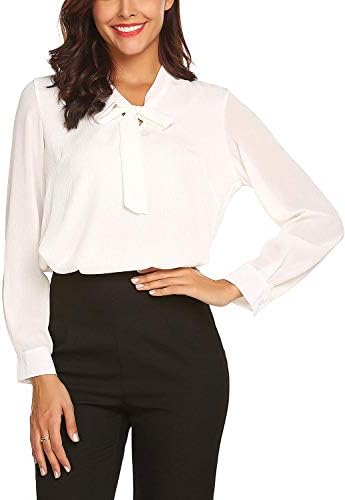 Women's Elegant Bow Tie Neck Office Shirts Long Sleeve Chiffon Business Work Casual Blouse Tops