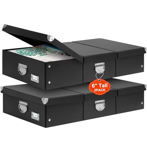 punemi Under Bed Storage Container, 2-Pcs Below 6 Inch Height Stackable Storage Bins With Lid, Hard Shell Protection & Sturdy Sidewalls Bottom, Low Profile Underbed Organizers, Large Memory Box Black