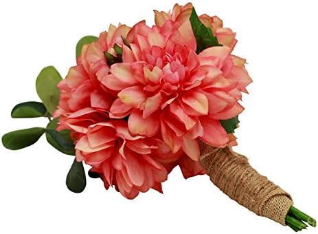 Artificial Coral Dahlia and Eucalyptus Faux Wedding Bouquet