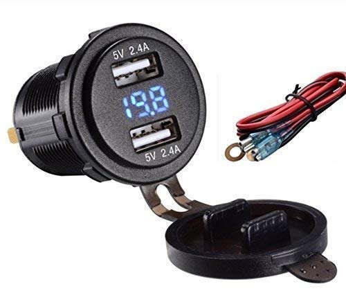 Switchtec 4.8 AMPS Fast Dual USB Socket Waterproof Charger W/Voltmeter, 23.5 in. Wire & Inline 10A Fuse for Extra Protecion. for Polaris RZR, RV, Can Am Maverick, Can AM, Golf Cart, Jeep (4.8A V-Me