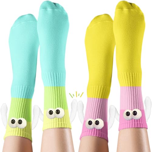 Magnetic Crazy Socks - 2 Pairs Fun Cartoon Character Socks That Hold Hands - Unique Novelty Gifts for Men Women Best Friends