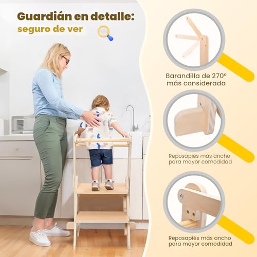 Folding Learning Tower, Observation Tower for 1-5 Year Old, Montessori Learning, Natural Wood Kitchen Helper, Safe and Easy to Assemble (50kg Capacity)