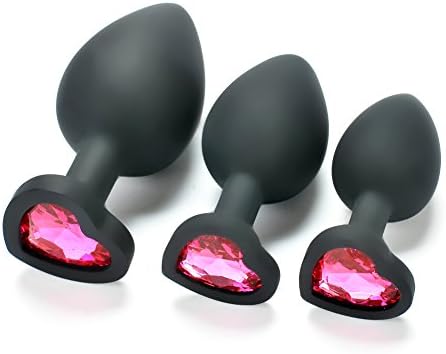 LFJUN 3Pcs/Size Black Soft Silicone Base with Heart Shaped Jeweled Design Sexy Stimulation Toys for Adult,Random Jewel Color