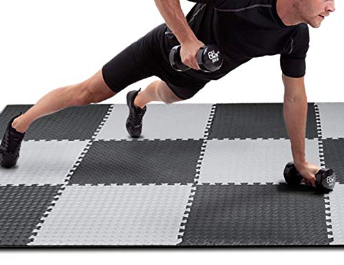 BEAUTYOVO Gym Mat 12Tiles Gym Flooring Mat Puzzle Exercise Mats Interlocking Foam Mats with EVA Foam Floor Tiles for Gym Equipment Workouts, Black/Gray