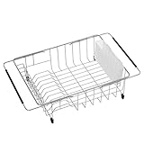 SANNO Large Dish Rack Over Sink, Deep Dish drying Rack in Sink or On Counter,Adjustable Arms Dish Drainer Rustproof Stainless Steel with White Utensil Silverware Storage Holders