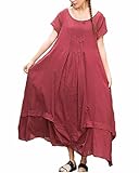 ZANZEA Women's Solid Short Sleeve Fake Two Piece Loose Cotton Linen Maxi Dress Brick red 3XL
