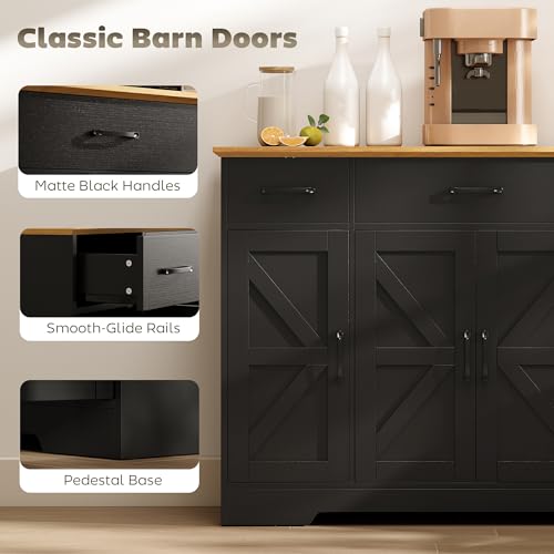 HOMCOM Farmhouse Sideboard Buffet Cabinet with Soft-Close Hinges, 47" Coffee Bar Cabinet with 3 Drawers and 3 Adjustable Shelves, Kitchen Pantry with Spice Racks, Black Wood Grain