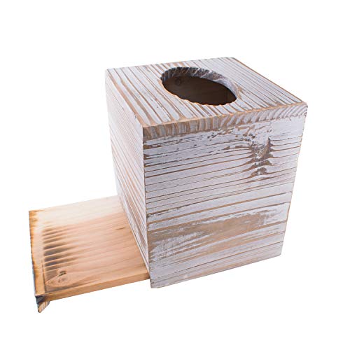 Hiyoo Square Tissue Box, Brown Cover Decorative Rustic Wood Cube Tissue Holder with Slide-Out Bottom Panel for Living Room Napkin Box Carton Paper Cube Box Office Bathroom Living Room (No Tissue)