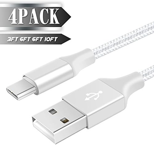 DANTENG USB Type C Cable,4 Pack 3Ft 6Ft 6Ft 10Ft USB C Cable Nylon Braided Long Cord USB Type A to C Fast Charger for Samsung Galaxy Note 8 S8 Plus, LG G6 V30 V20, Pixel (Silver)