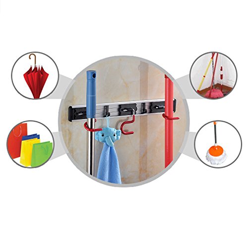 Cavoli Wall Mounted Broom Hanger and Dust Mop Closet Equipment Storage Organizer 16 Inches (3 Positions & 2 Hooks)