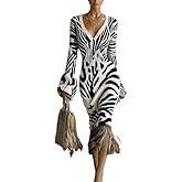 OSCORP Women’s Bohemian V-Neck Midi Dress with Long Sleeves,Flowy Printed Wedding Guest Dress with Belted Waist