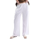 Amazhiyu Women's 100% Linen Pants Summer Casual Wide-Leg Lounge Palazzo Pockets