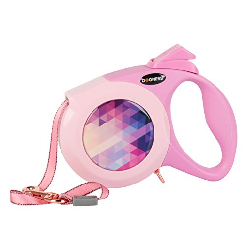 DOGNESS Retractable Dog Leash, The Elegance Series, One Button Brake & Lock Anti-Slip Handle, Strong Nylon Ribbon Tape, 13 ft Long Small Medium Dogs, Pink