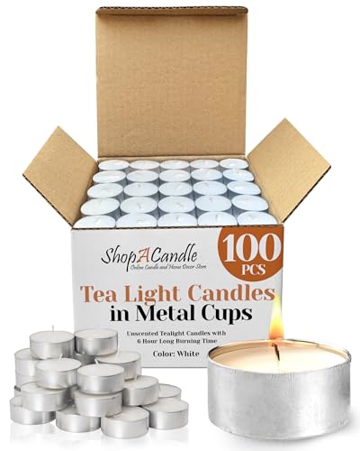 100 Pack Tealight Candles in Metal Cups - Clean White Unscented with