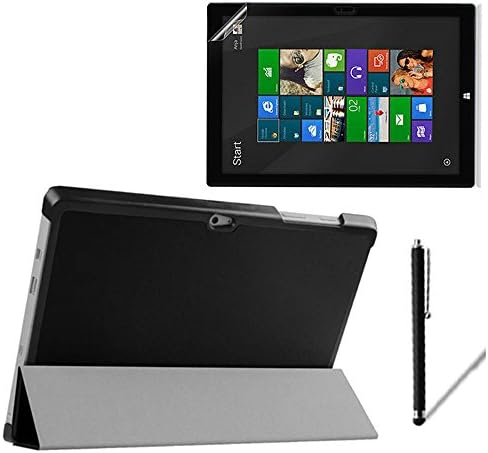 3in1 For Microsoft Surface 3 RT3 Surface3 10.8 inch Tablet PC Ultra Thin Slim Folio Stand Sleep / Wake Up Leather Case Smart Cover +1x Clear Screen Protector +1x Touch Stylus (Black)