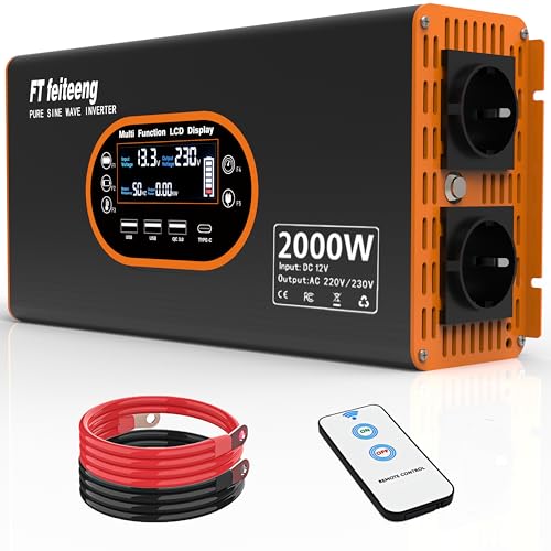2000W Inverter 12v 220v Pure Wave - 12v Voltage Transformer LCD Display with 2 EU Sockets and 3 USB Ports and a Type C Port, Remote Control Socket for Motorhome, Car and Camping