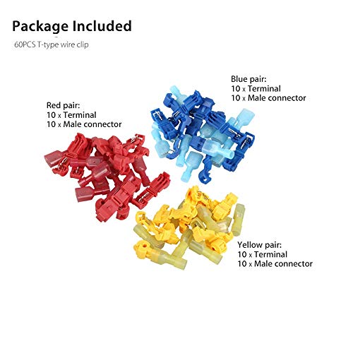 Sunshinehomely 60pcs Insulated 22-10 AWG T-Taps Quick Splice Wire Terminal Connectors Combo Kit - Thumbnail 5