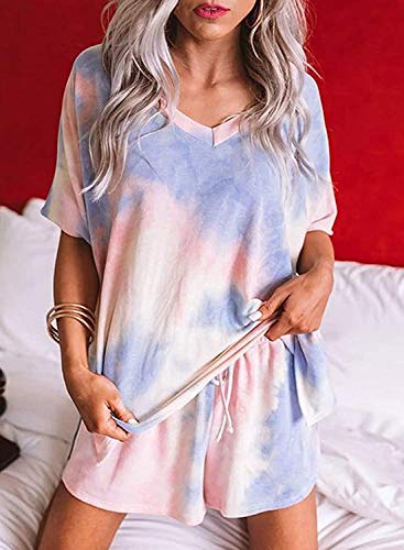 AROGONE Womens Tie Dye Printed Short Sleeve Pajama Set Tops with Drawstring Shorts Loungewear PJ Set Nightwear Sleepwear Purple Medium