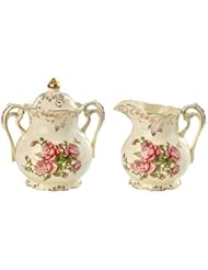 YOLIFE Sugar and Creamer Bowl Ceramic Set with Red Rose Pattern Golden Leaves Edge