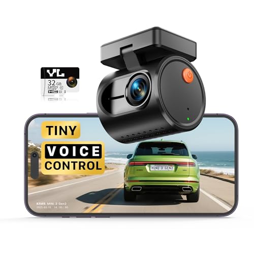 KAWA 2K 1296P QHD Mini Car Camera, Voice Control Dashcam, G-Sensor, Free 32GB TF Card, Built-in WiFi, APP Control, WDR/3D DNR Night Vision, 24H Parking Mode