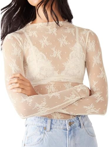 Sheer Mesh Long Sleeve Layering Top for Women Mock Neck See