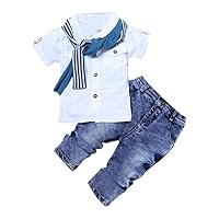 Fanteecy Summer Kids Toddler Baby Boy Clothes Short Sleeve Shirt+Denim Pants+Scarf Set Handsome Outfits (2T, White)