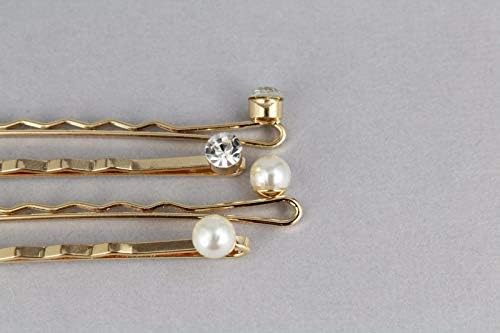 Faux Pearl Bobby Pin Crystal Hair Clips Set Pack 4 Gold Bobbi Pins Clip Barrette Hairpin Colored Hair Clips For Women Girls