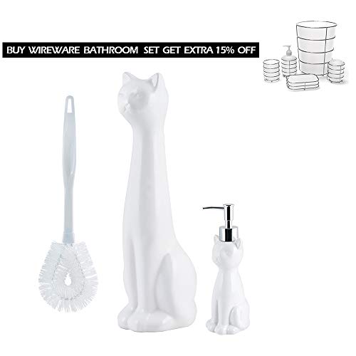 Allure Home Creations Ceramic Cat Bowl Toilet Brush Holder and Lotion Pump - White - Brush Included - 3pc Set