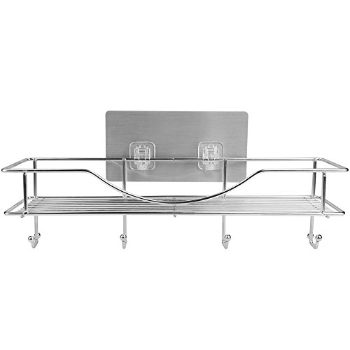 Bathroom Towel Shelf / Kitchen Holder, AISHN 304 Stainless Steel Vacuum Super Silicone Storage Rack, Space-Saving Rack Includes 4 Hooks - Thumbnail 6