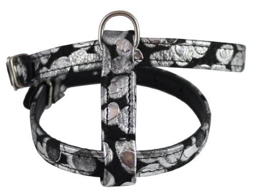 Luxury Black Genuine Leather Silver Print Dog Harness for Toy Breeds. Fits for 11"-14" chest size Yorkshire Terrier, Puppies