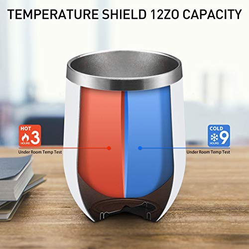 DOMICARE Insulated Wine Tumbler with Lid (4 Pack, White) - 12 OZ Stemless Double Wall Vacuum Traval Mug - Keeping Cold & Hot for Wine, Coffee, Cocktails, Drinks