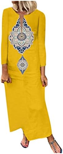 Moonuy Dress Women Long Sleeve Print V-Neck Side Slit Dresses Shift Maxi Dress Solid Color Multicolor Long Skirt Uk8-22