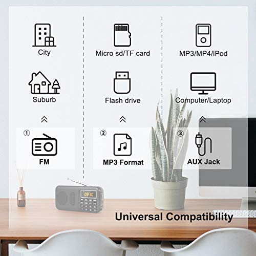 PRUNUS J-725 Portable Rechargeable Radio, FM Radio with 3000mAh Rechargeable Battery, Small Portable Digital Radio with Clock/Alarm Clock and Emergency Lighting, Support MP3/SD/USB/AUX