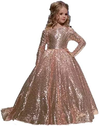 Hengyud Rose Gold Sequins Toddler Pageant Dresses for Girls Long Sleeves Prom Dress for Kids 168